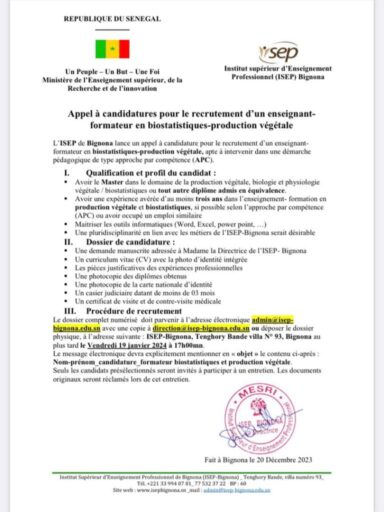 You are currently viewing Appel à candidatures pour le recrutement d’un enseignant-formateur en biostatistiques production végétale